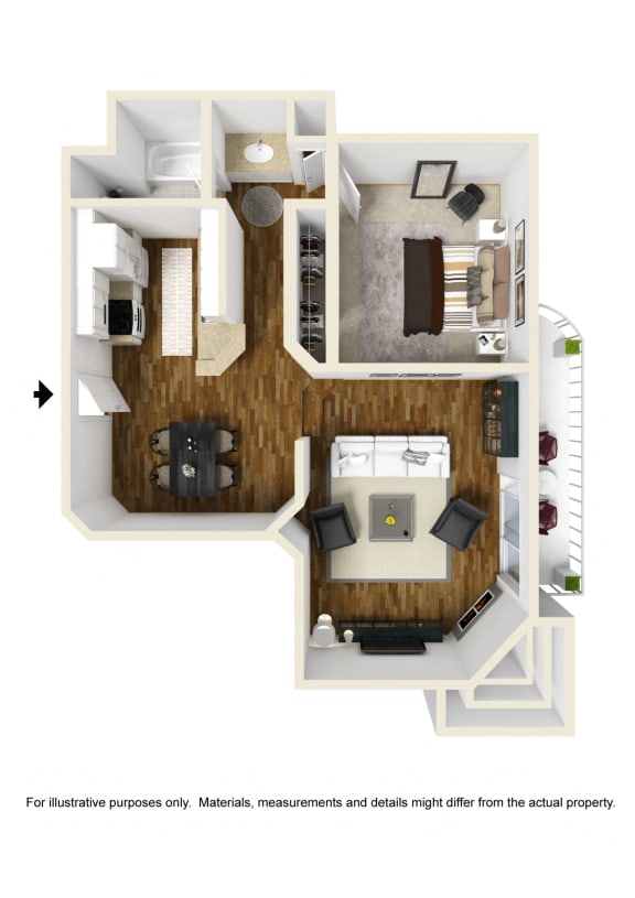 1 bedroom 1 bathroom Floor plan D at Palm Royale Apartments, Los Angeles, California