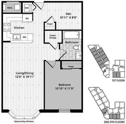 A2D 1 Bedroom Den 1Bath Floor Plan at Gatehouse 75, Charlestown, Massachusetts