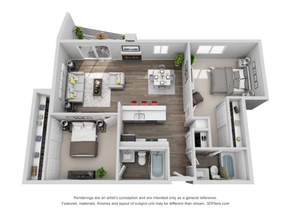 2 bed floor plan at The Plaza Apartments, Los Angeles, CA, 90024