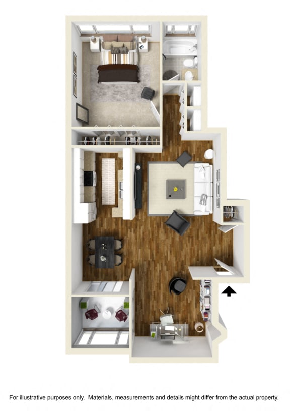 2 bed 1 bath floor plan A at Rose Apartments, Los Angeles, CA, 90034