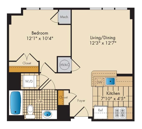 1 Bedroom 1A Floor Plan at Highland Park at Columbia Heights Metro, Washington, Washington