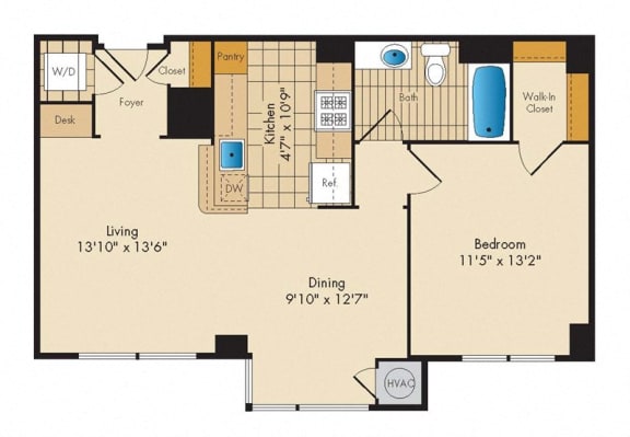 1 Bedroom 1G Floor Plan at Highland Park at Columbia Heights Metro, Washington, 20010