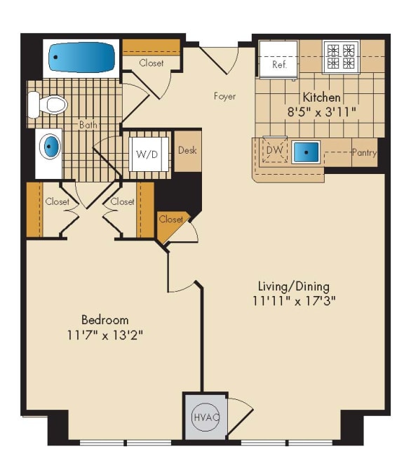 1 Bedroom 1B Floor Plan at Highland Park at Columbia Heights Metro, Washington, DC