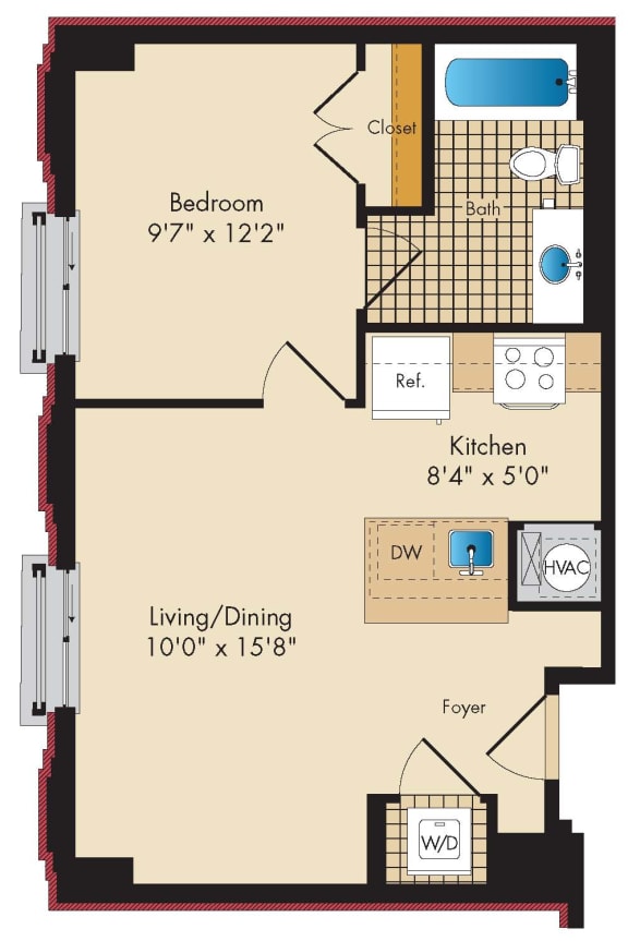 1 Bedroom B3 Floor Plan at Highland Park at Columbia Heights Metro, Washington, DC, 20010