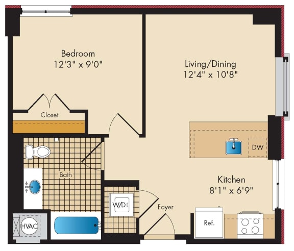 1 Bedroom B2 Floor Plan at Highland Park at Columbia Heights Metro, Washington, DC