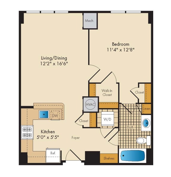1 Bedroom 1D Floor Plan at Highland Park at Columbia Heights Metro, Washington, DC