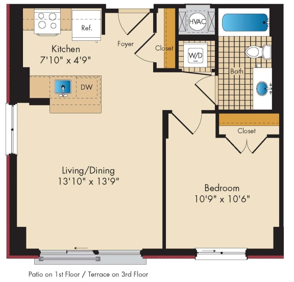 1 Bedroom B1.2 Floor Plan at Highland Park at Columbia Heights Metro, Washington