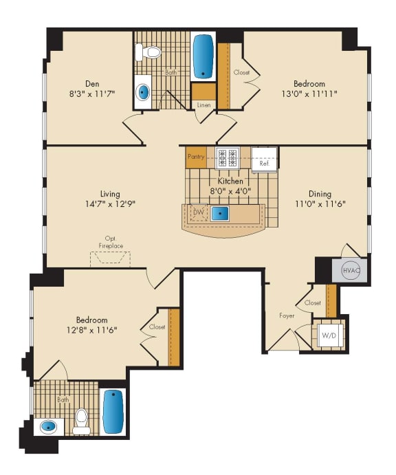 2 Bedroom with Den 2D Floor Plan at Highland Park at Columbia Heights Metro, Washington, DC, 20010