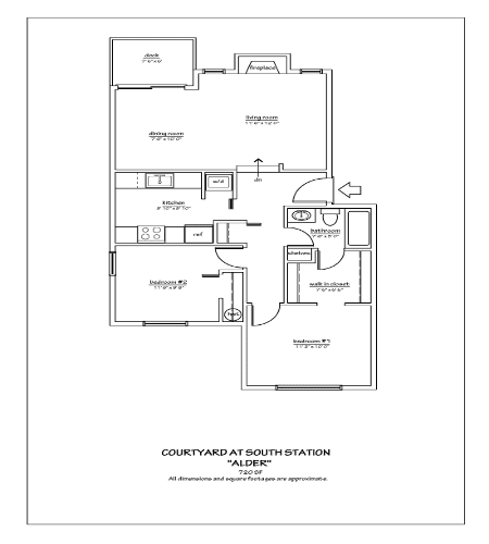 The Alder Floor Plan; A two bedroom, one bathroom apartment floor plan at The Courtyard at South Station
