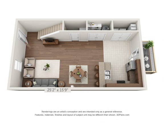 3D floorplan of the 3 bedroom layout, first floor