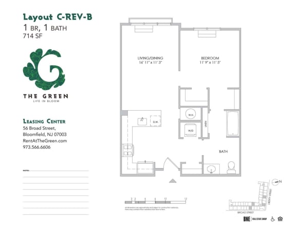 Layour C-Rev-B 1 Bedroom 1 Bathroom Floor Plan at The Green at Bloomfield, Bloomfield