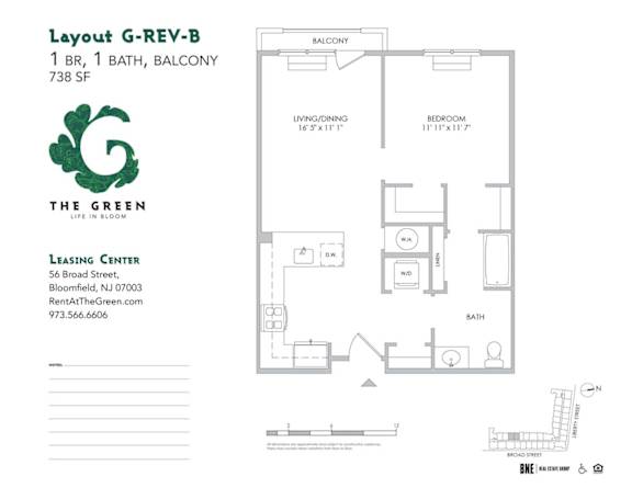 Layout G-Rev-B 1 Bed 1 Bath Floor Plan at The Green at Bloomfield, Bloomfield