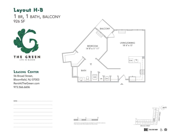 Floor Plan  Layout H-B 1 Bed 1 Bath Floor Plan at The Green at Bloomfield, New Jersey
