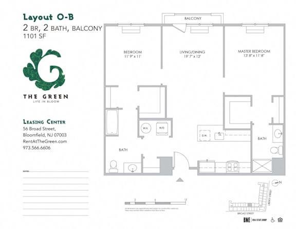 Layout O-B 2 Bed 2 Bath Floor Plan at The Green at Bloomfield, New Jersey, 07003