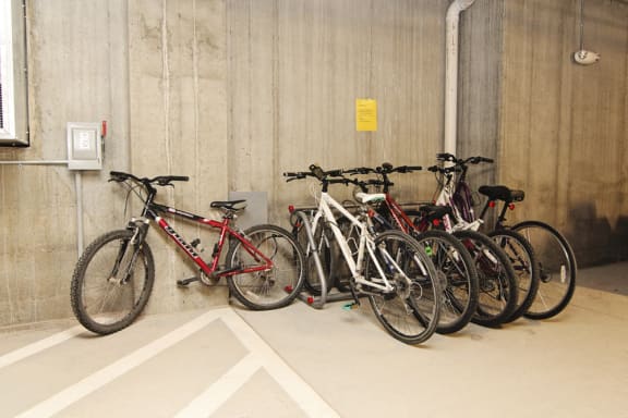 A row of bicycles are parked in a bike rack.
