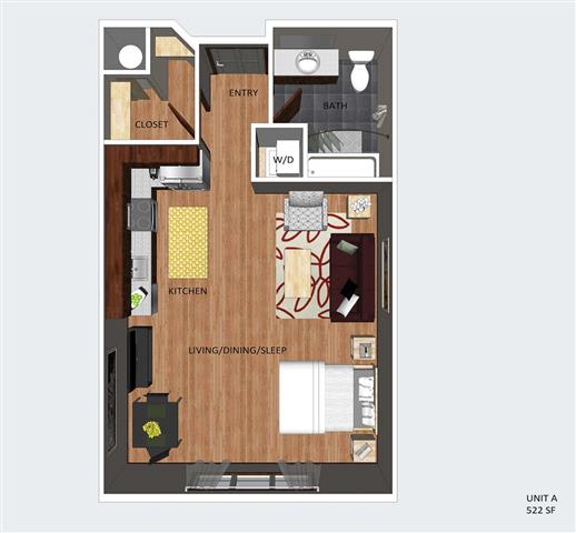 Soho studio one bathroom floor plan at The Flats at 84