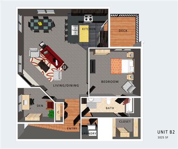 Bemis one bedroom one bathroom floor plan with den at Villas of Omaha at Butler Ridge