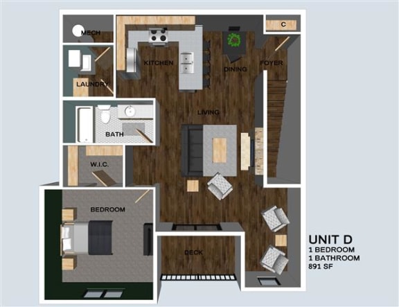 Durham one bedroom one bathroom floor plan at Villas of Omaha at Butler Ridge