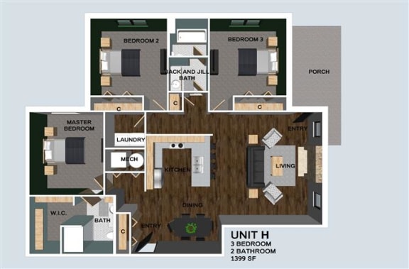Hitchcock three bedroom two bathroom floor plan at Villas of Omaha at Butler Ridge