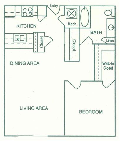 Imperial one bedroom one bathroom floorplan at Pine Lake Heights Apartments