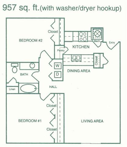 Stanton two bedroom one bathroom floorplan at Pine Lake Heights Apartment