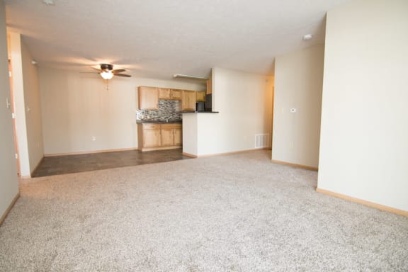 Spacious open living area with lots of natural light Swimming pool with sun tanning loungers at Williamsburg Park Apartments in South Lincoln, Nebraska