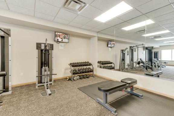 A gym with a variety of equipment including a squat rack, bench, and weights.