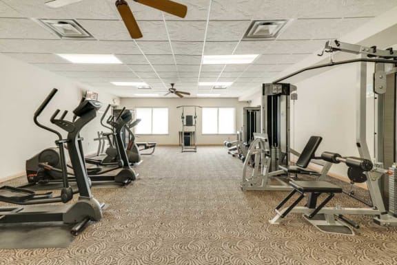 A spacious gym with treadmills, weights, and a ceiling fan.