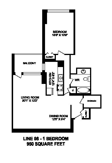 One bedroom, one bathroom apartment layout at Brookbanks Apartments in Toronto, ON