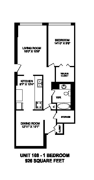 One bedroom, one bathroom apartment layout at Brookbanks Apartments in Toronto, ON