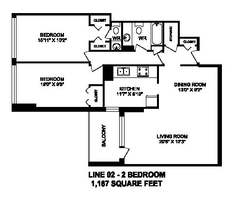 Two bedroom, one bathroom apartment layout at Brookbanks Apartments in Toronto, ON