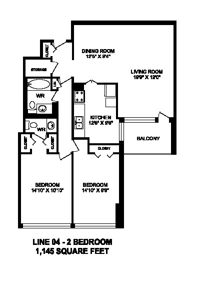 Two bedroom, one bathroom apartment layout at Brookbanks Apartments in Toronto, ON