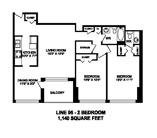 Two bedroom, one bathroom apartment layout at Brookbanks Apartments in Toronto, ON