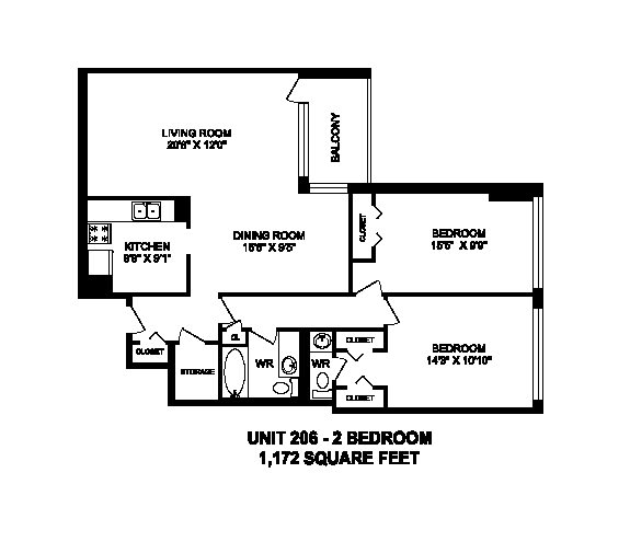 Two bedroom, one bathroom apartment layout at Brookbanks Apartments in Toronto, ON