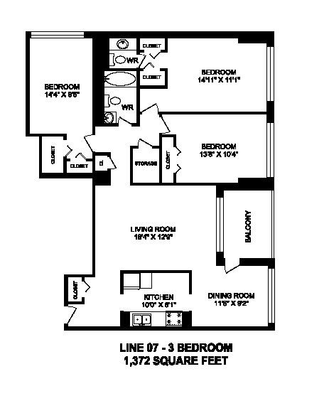Three bedroom, one bathroom apartment layout at Brookbanks Apartments in Toronto, ON