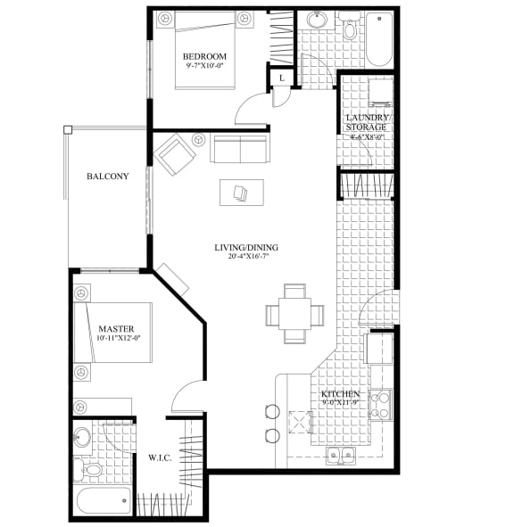 Two bedroom, two bathroom apartment layout at Elizabeth Gardens in Edmonton, AB