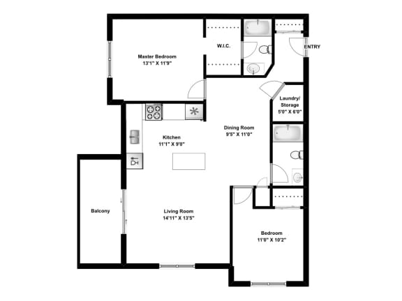 Two bedroom, two bathroom apartment layout at Elizabeth Gardens in Edmonton, AB