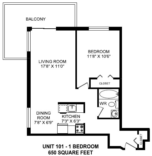 One bedroom, one bathroom apartment layout at Horizon Towers in Burnaby, BC