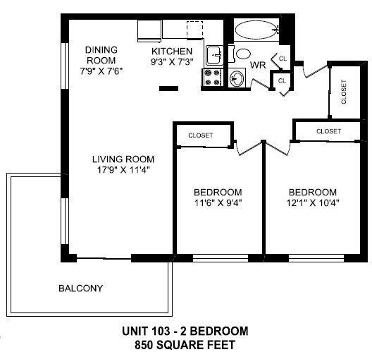 Two bedroom, one bathroom apartment layout at Horizon Towers in Burnaby, BC