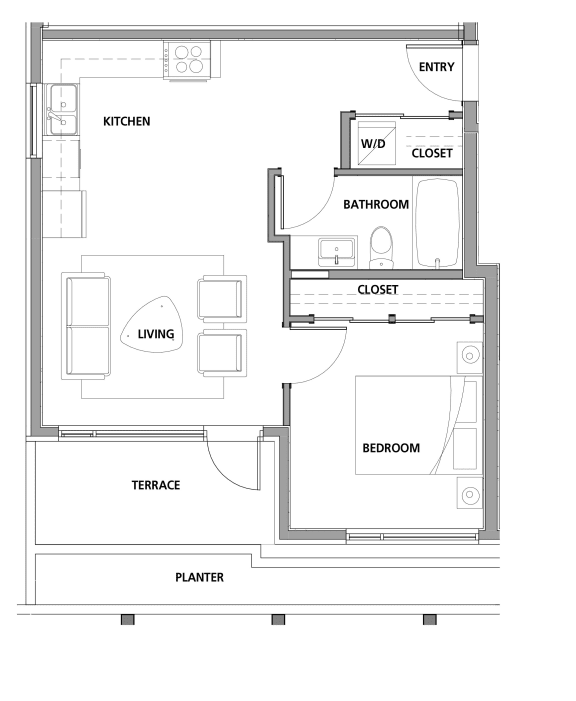 One bedroom, one bathroom apartment layout at Lynn Creek Apartments in North Vancouver, BC