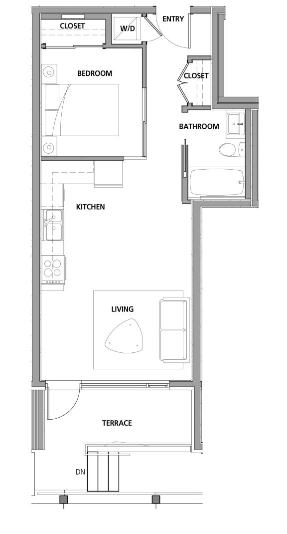 One bedroom, one bathroom apartment layout at Lynn Creek Apartments in North Vancouver, BC
