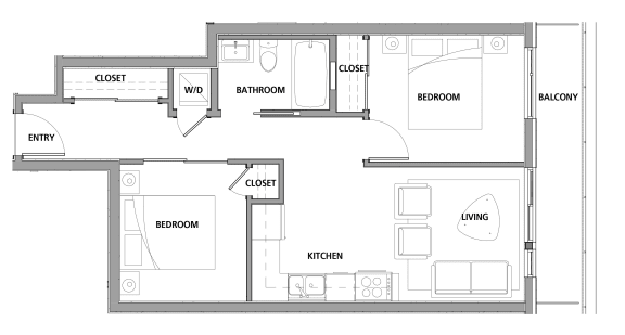 Two bedroom, one bathroom apartment layout at Lynn Creek Apartments in North Vancouver, BC