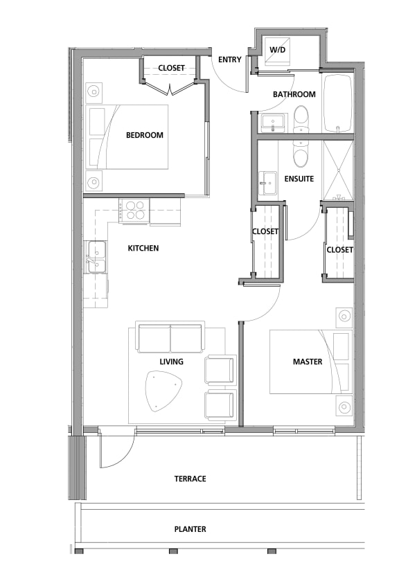 Two bedroom, two bathroom apartment layout at Lynn Creek Apartments in North Vancouver, BC