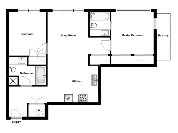 Two bedroom, two bathroom apartment layout at Lynn Creek Apartments in North Vancouver, BC