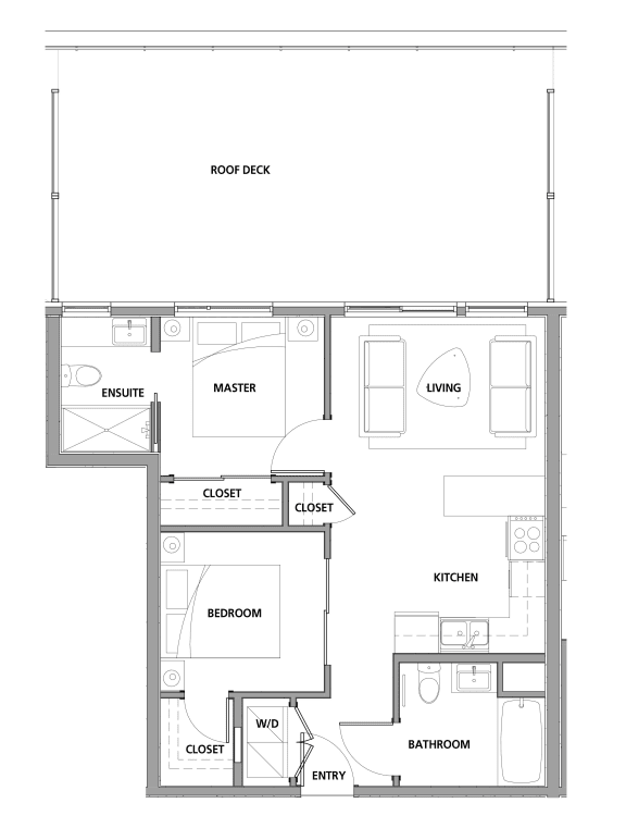 Two bedroom, two bathroom apartment layout at Lynn Creek Apartments in North Vancouver, BC