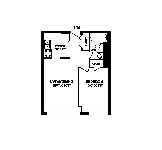 One bedroom, one bathroom apartment layout at Rockford in Toronto, ON