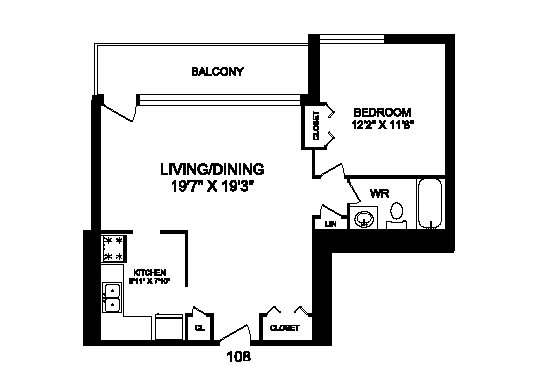 One bedroom, one bathroom apartment layout at Rockford in Toronto, ON