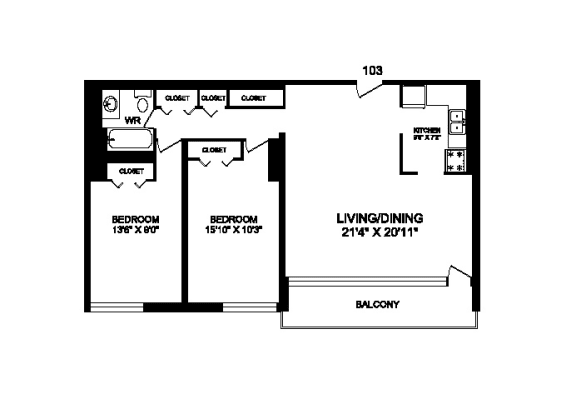 Two bedroom, one bathroom apartment layout at Rockford in Toronto, ON