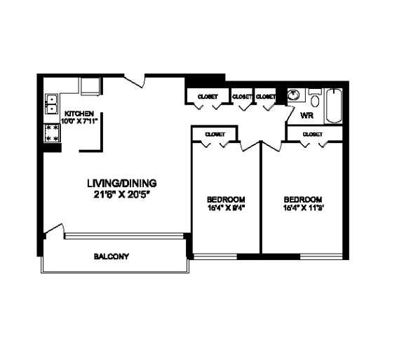 Two bedroom, one bathroom apartment layout at Rockford in Toronto, ON