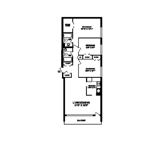 Three bedroom, two bathroom apartment layout at Rockford in Toronto, ON